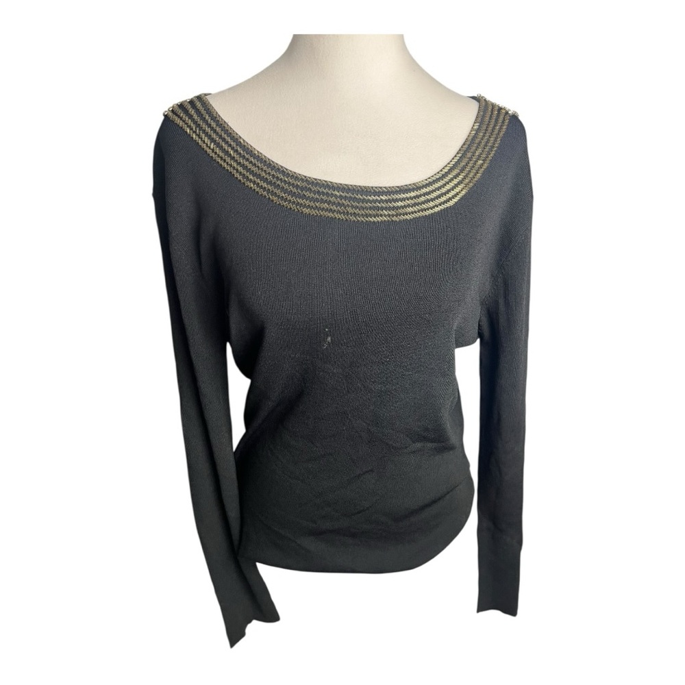 Piano Black Rayon Blend Top With Beaded Neckline Size Medium